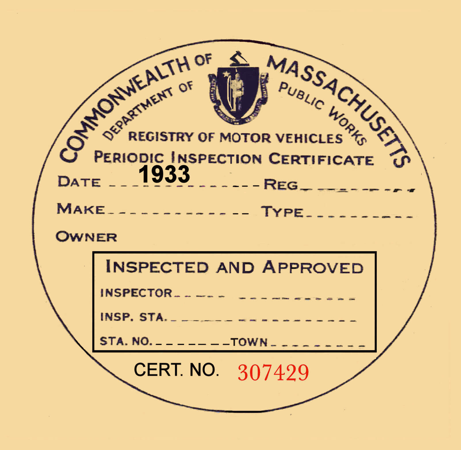 (image for) 1933 Massachusetts INSPECTION sticker